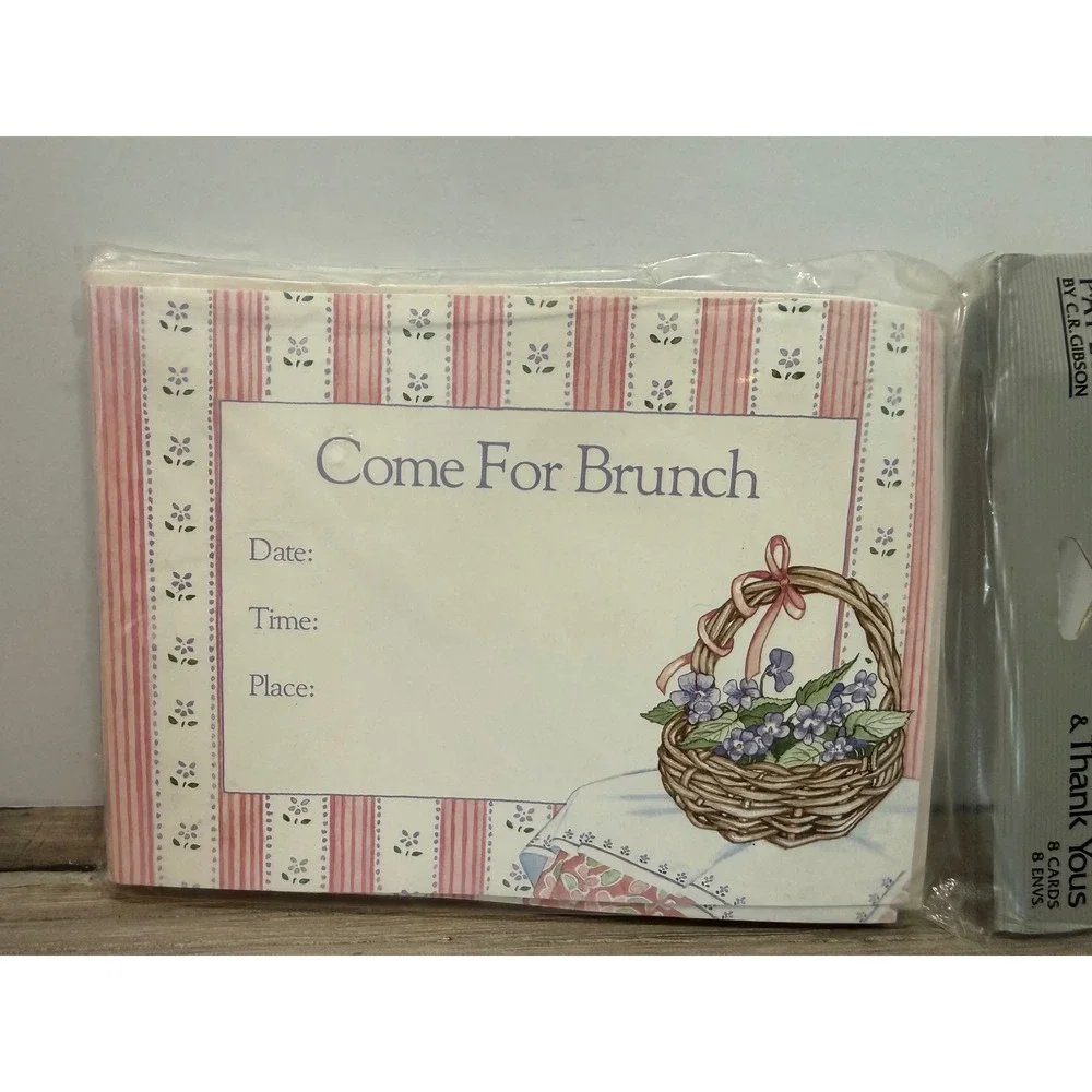 Vintage CR Gibson Come For Brunch Invitations Floral Basket Pink Stripe 8 Count